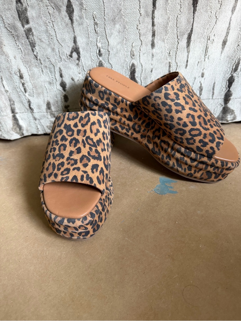 Free People Leopard-Print Platform Slides in Tan and Black